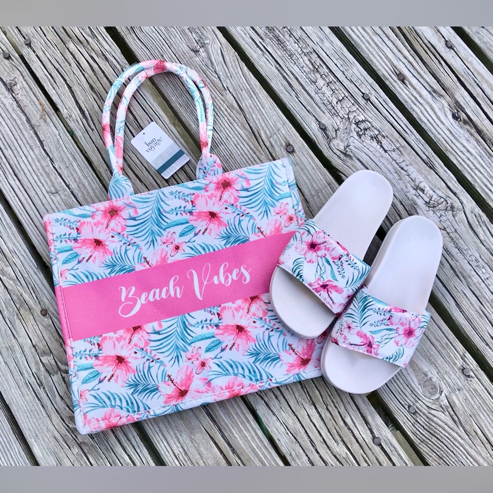 NEW Beach Vibes Beach Pool Bag Matching Slip On Shoes Shower Slippers OS L XL